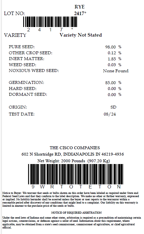 A seed tag that clearly shows the purity and germination of seed. 